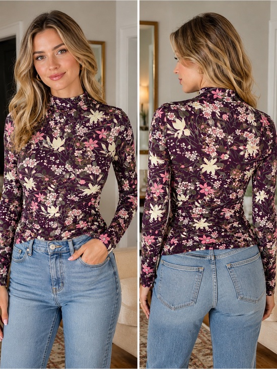 Cider Tops - Cider Floral Long Sleeve Slim Fit Top in Plum with Pink & Cream Flowers